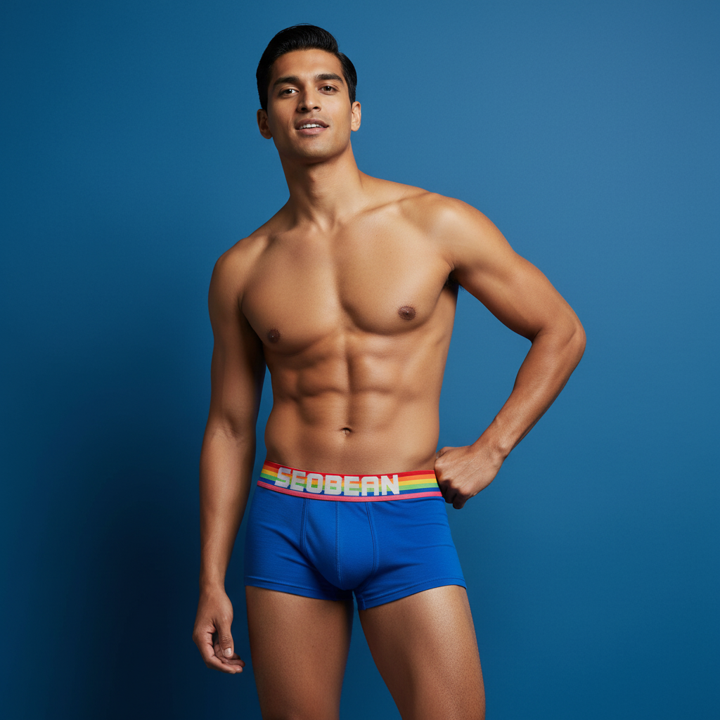 Men's bright blue Seobean Rainbow Pride Boxers, rainbow-striped waistband with "Seobean" text
