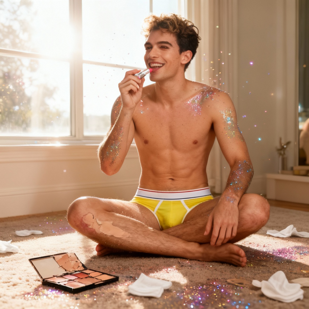 Person wearing SEOBEAN Sculpted Fit Retro Briefs, applying pink lipstick amid glitter