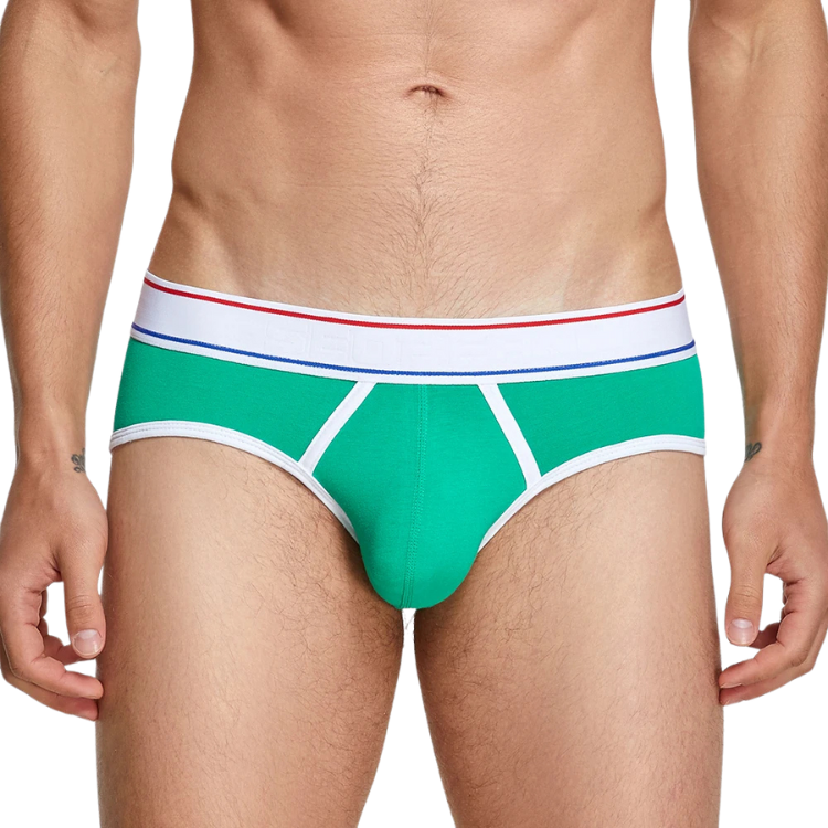Front view of a model wearing bright green men's briefs with white trim and striped waistband