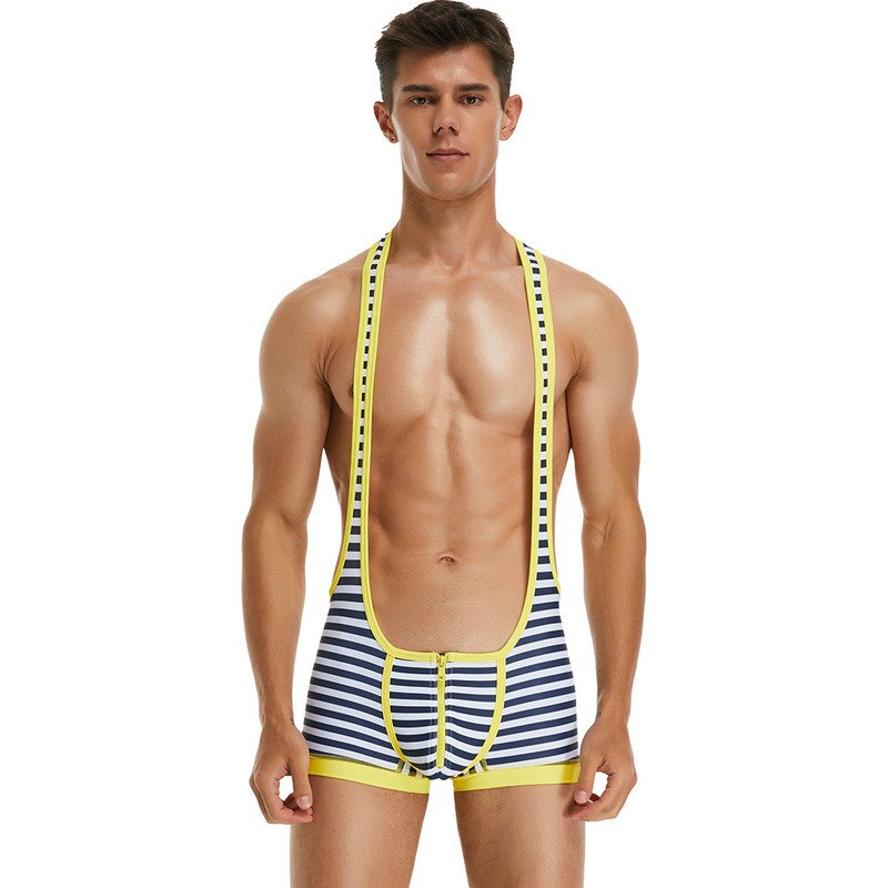 Front-view model wearing a striped yellow-trim zip pouch bodysuit