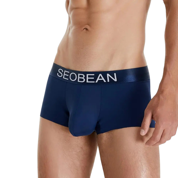 Front view of a person wearing navy boxer briefs with a SEOBEAN logo waistband