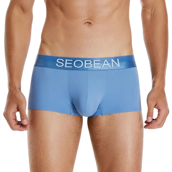 Front view of a model wearing light blue boxer briefs with a SEOBEAN waistband