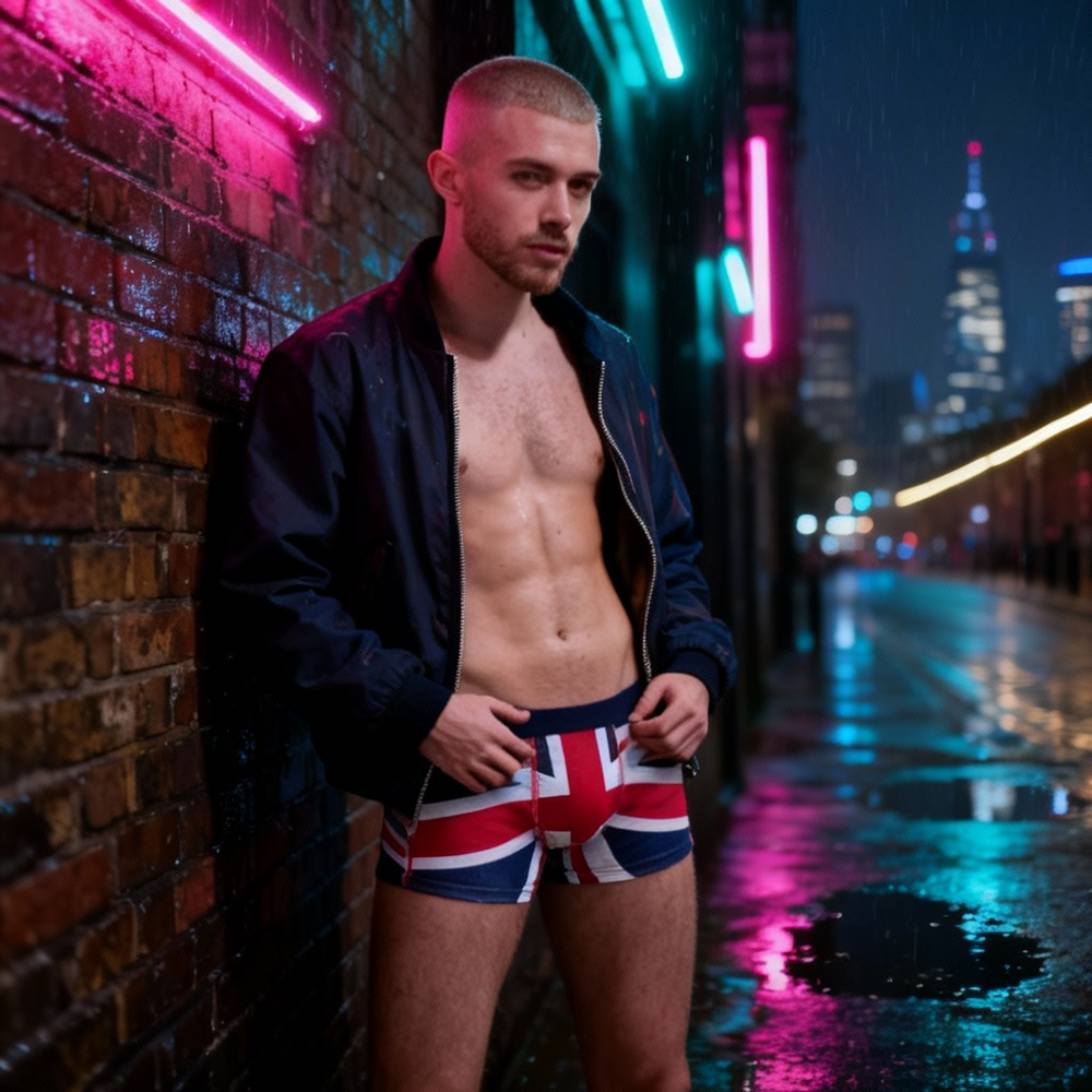 Person wearing Union Jack boxer briefs in a neon-lit rainy alley