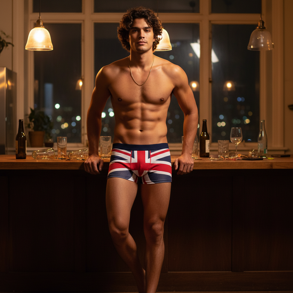 Curly-haired person in SEOBEAN Union Jack cotton boxer briefs leans shirtless on kitchen island