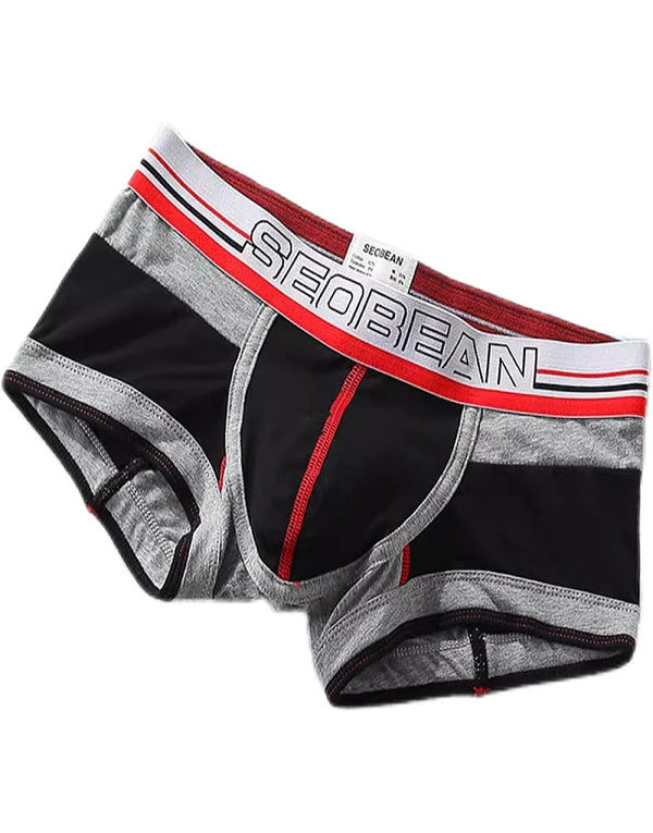 Front view of black, gray, and red low-rise boxer briefs with a SEOBEAN waistband