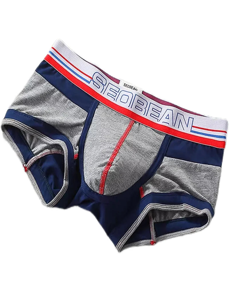 Gray low-rise boxer briefs with navy panels, red stitching, and a SEOBEAN logo waistband