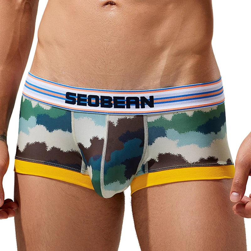 Front close-up of a model wearing camouflage mesh boxer briefs with yellow trim and SEOBEAN waistband