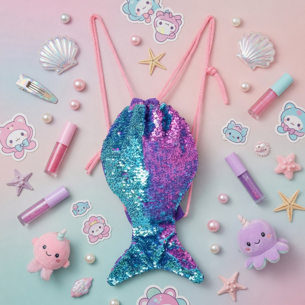 Flat lay of a blue and purple sequin mermaid-tail drawstring bag with pink cords