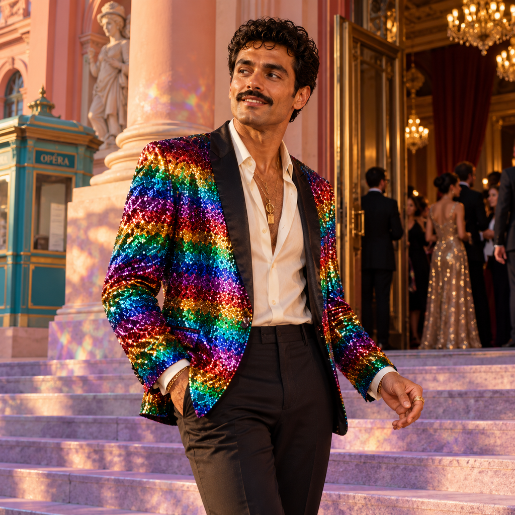 Adult model wearing a rainbow sequin blazer with black lapels outside a coral opera house.