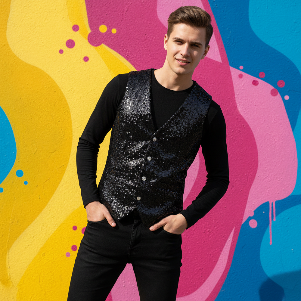 Model wearing a black sequin V-neck vest over a black shirt before a colorful mural