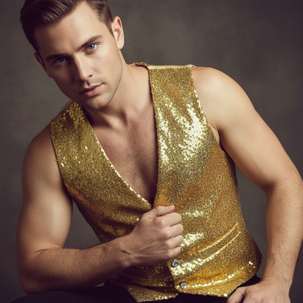 Person models a gold sequin vest with a deep V-neck in a close-up studio portrait
