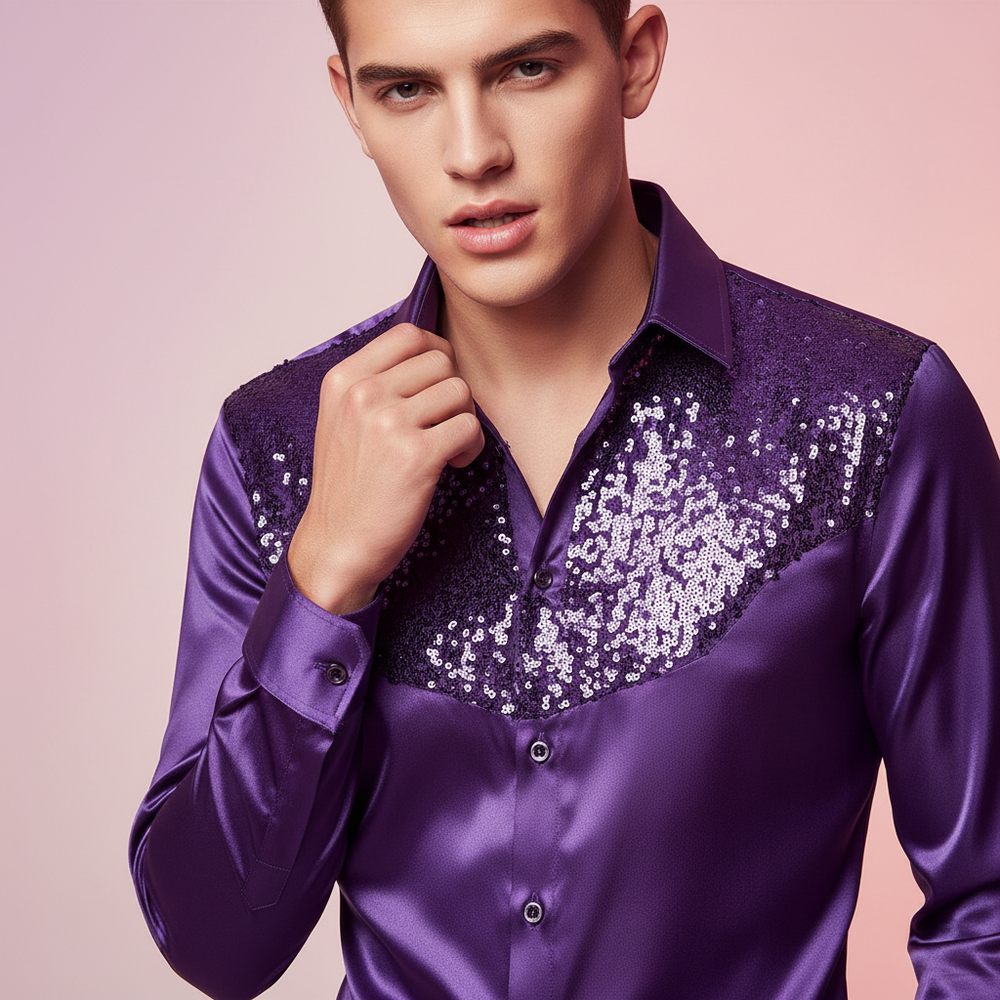 Close-up model wearing a purple satin shirt with silver sequin panels