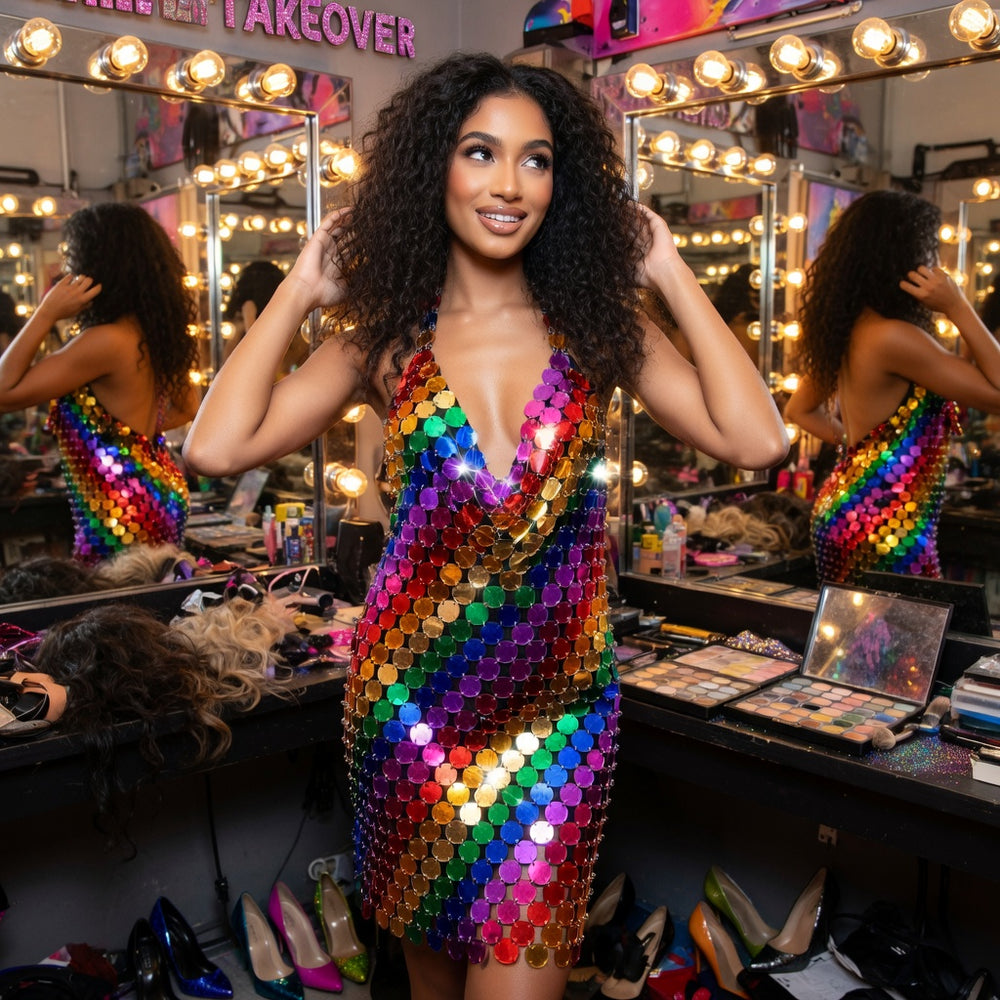 Model wearing a rainbow sequin mini dress in a brightly lit makeup room