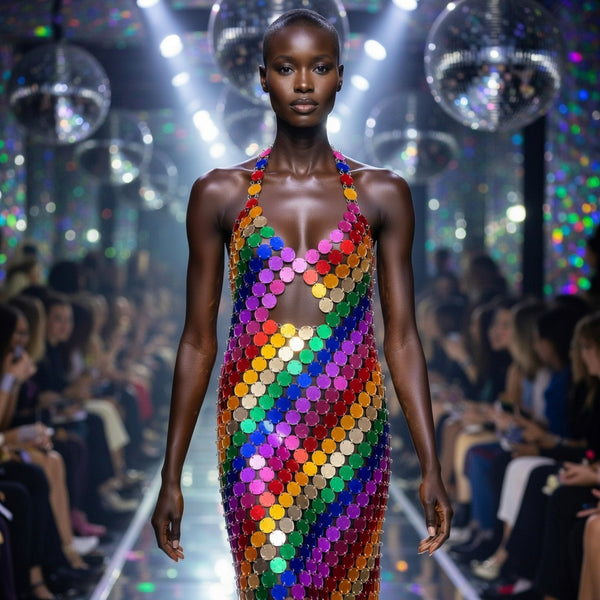 Front-view model in a multicolored sequin mini dress on a disco-lit runway