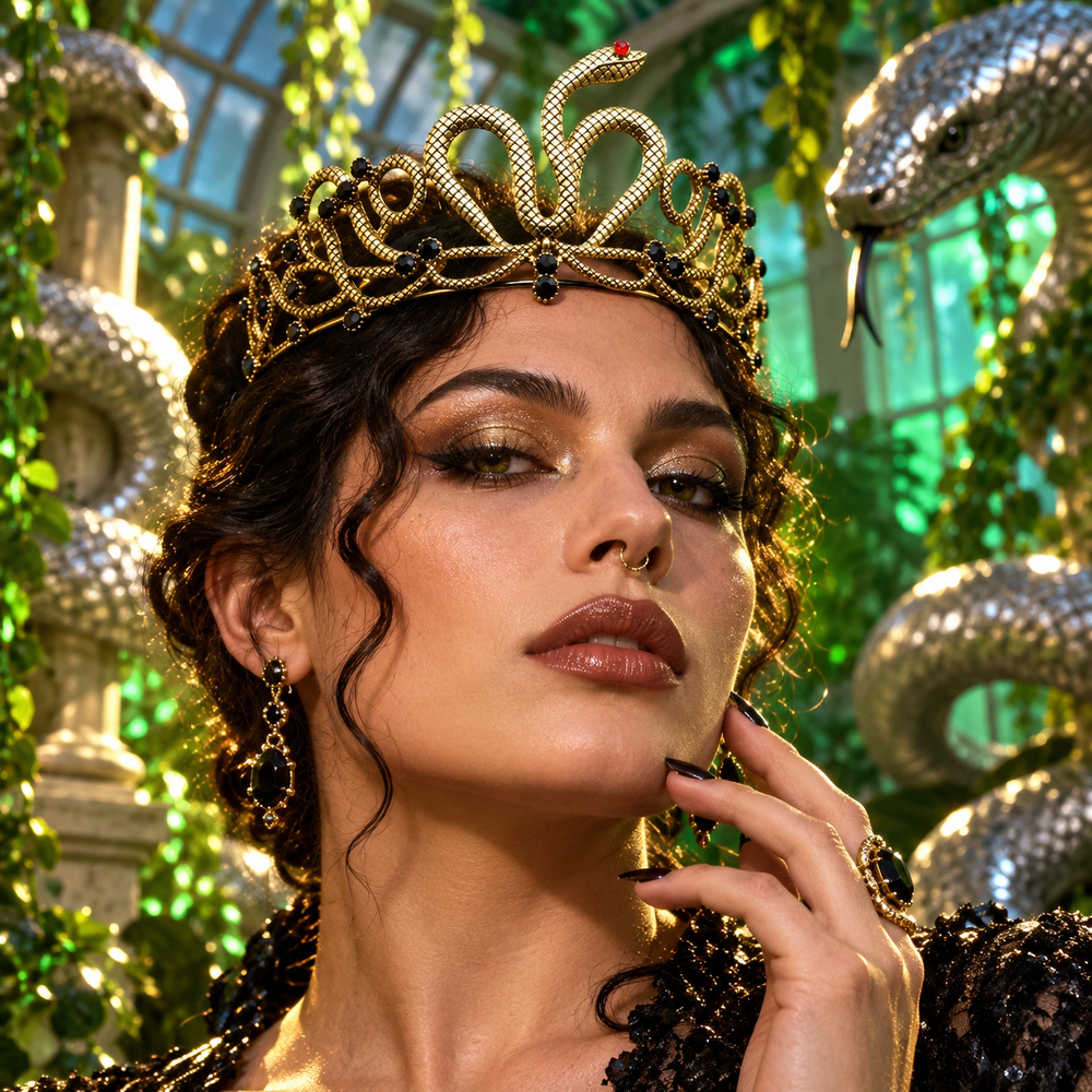 Serpent Saint gold snake crystal crown with black stones in an otherworldly green atrium portrait