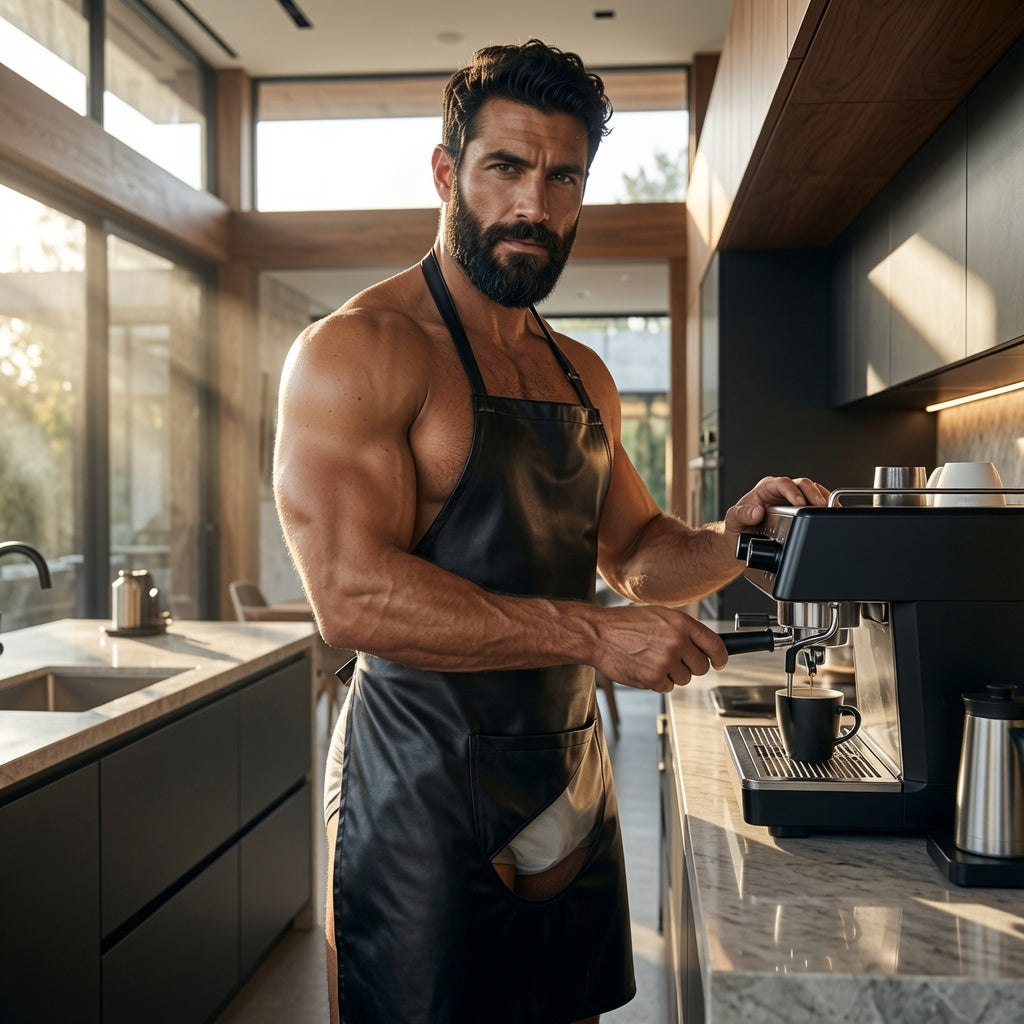 Bearded person wearing a black leather apron harness while making espresso in a kitchen