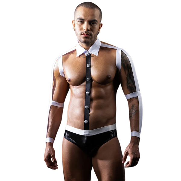 Front-facing model wearing a black-and-white shirtless waiter costume with briefs