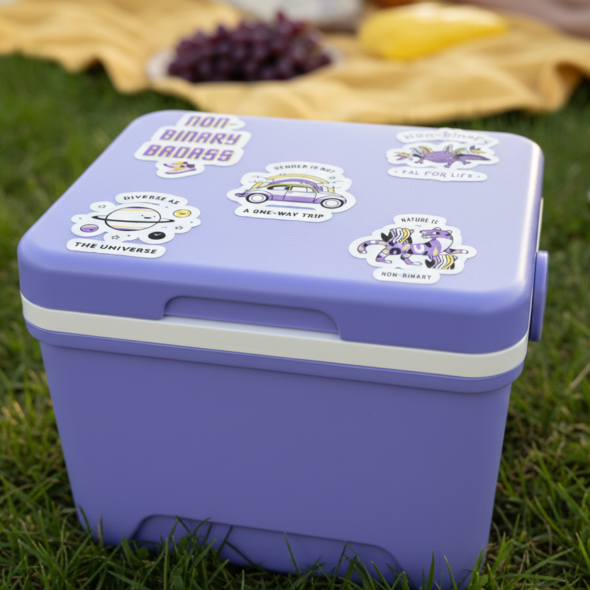 Set of 5 non-binary stickers on a purple cooler, with “NON-BINARY BADASS,” the NB flag, playful art
