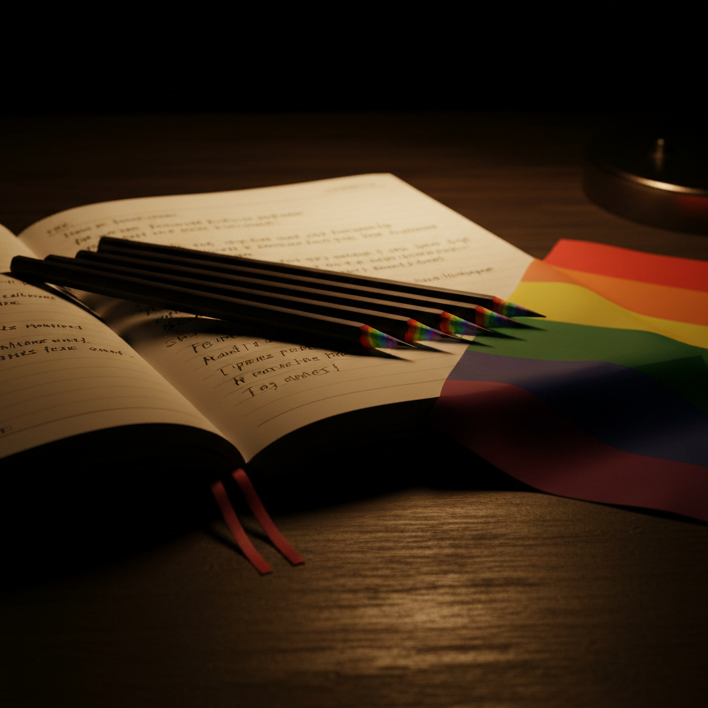 Set of five rainbow-striped Pride 2B pencils and a small Pride flag on an open notebook, all on wood; warm