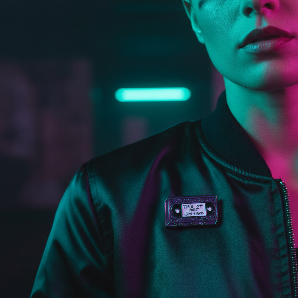 Close-up of a cassette-shaped enamel pin reading “Title of Your Sex Tape” on a black jacket