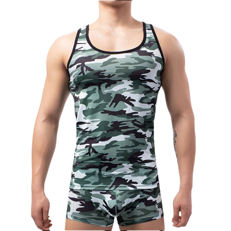 Front view of a model wearing a green camouflage tank top and matching boxer briefs