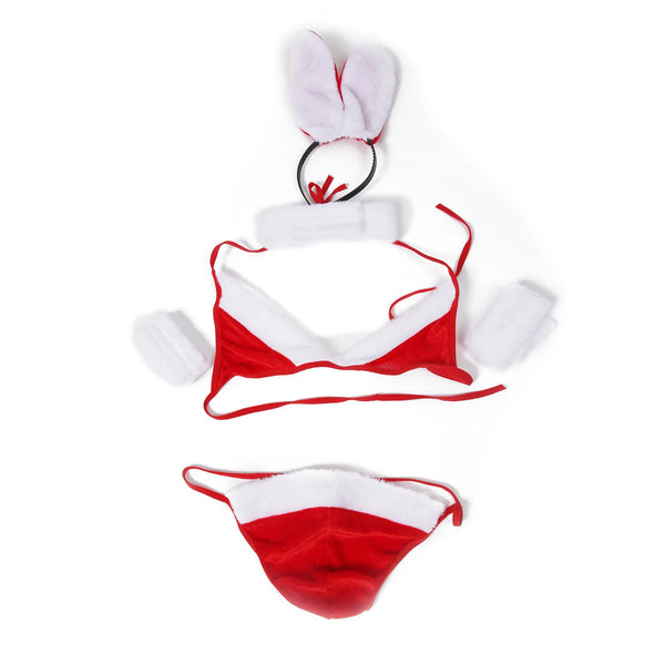 Flat lay of a red-and-white bunny lingerie set with ear headband, bra, briefs, cuffs, and choker