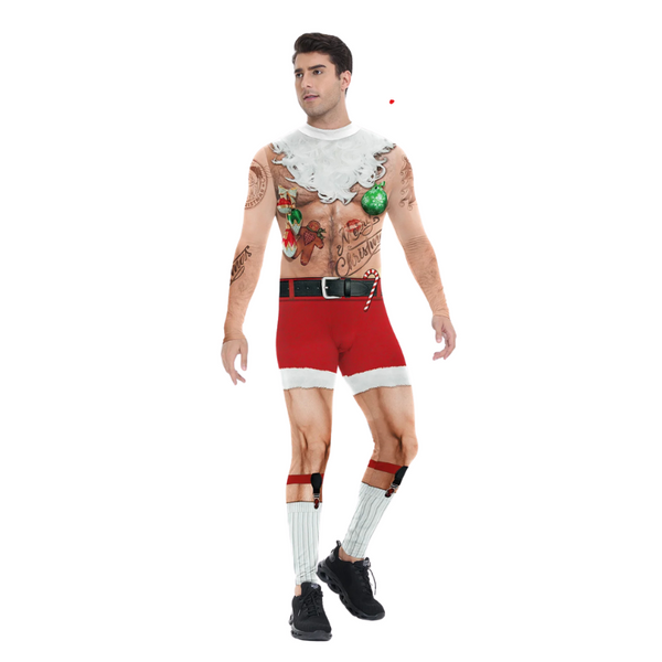Front-facing model wearing a shirtless Santa-themed elf costume with red shorts