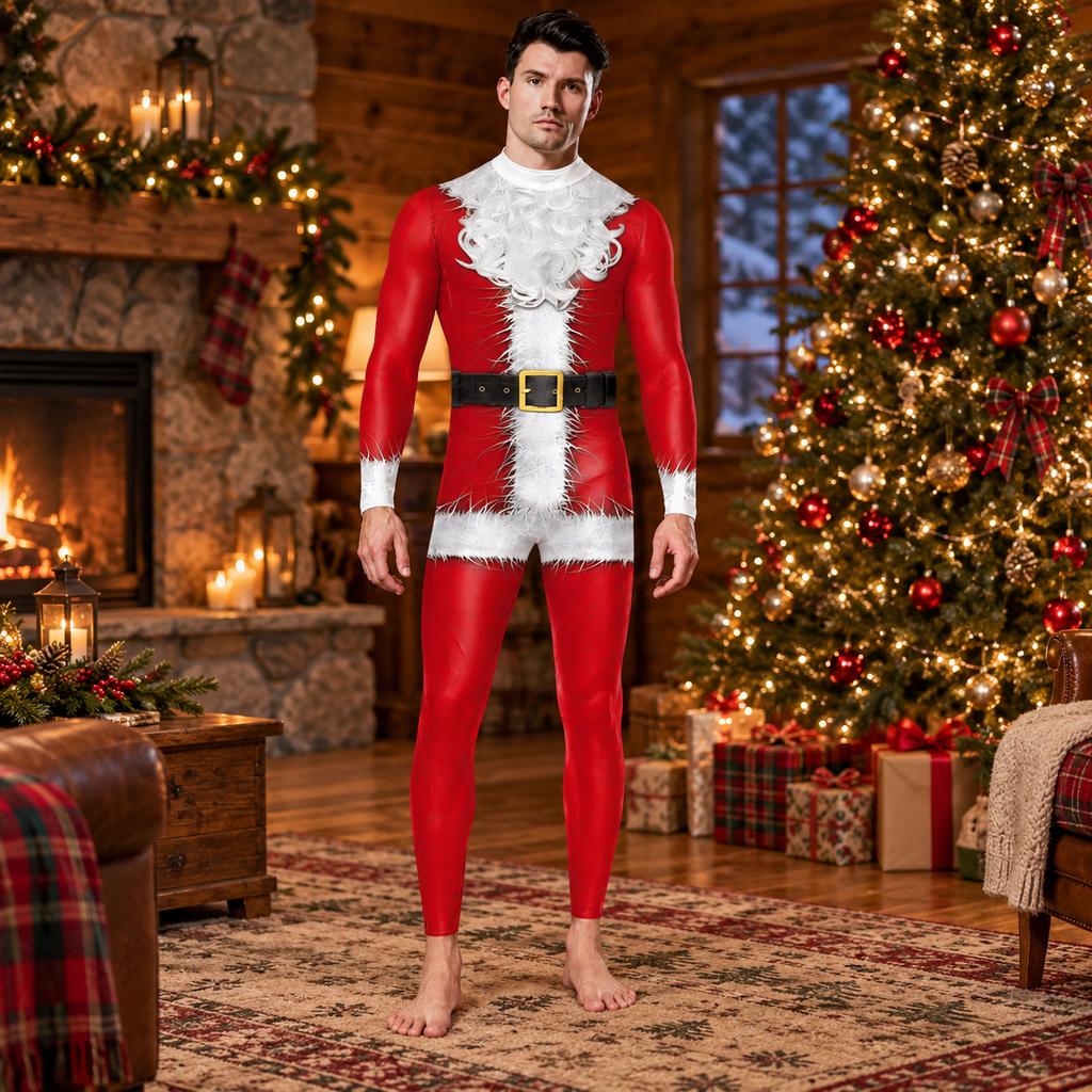 Red long-leg Christmas Elf costume with printed Santa belt and white trim worn by a male model in a warm holiday lodge.