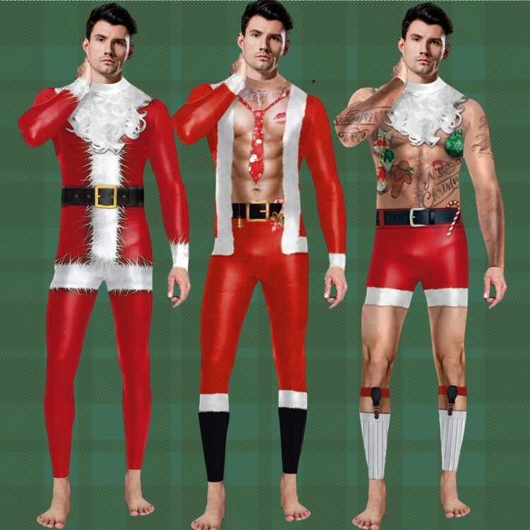 Three models wearing red-and-white Santa-themed costume variations