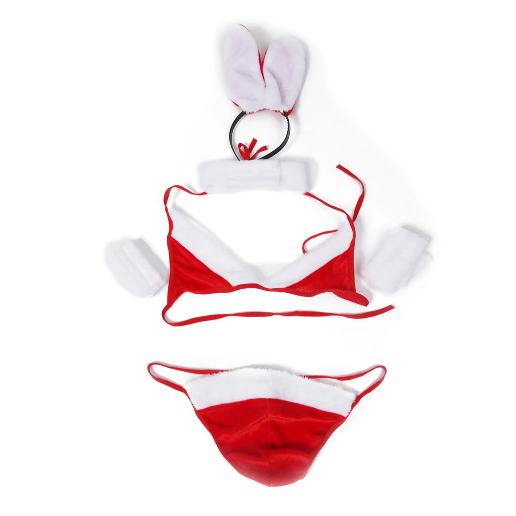 Flat lay of red-and-white Santa lingerie with bikini, bandeau top, cuffs, and bunny-ear headband