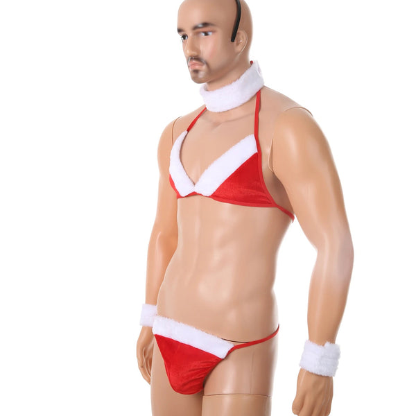 Front three-quarter view of a mannequin wearing red Santa-style lingerie with white trim