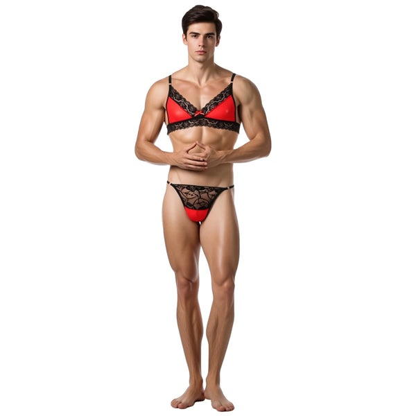 Front-facing model wearing a red-and-black lace bra and matching thong