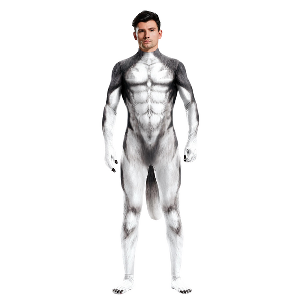 Front-facing model in a gray-and-white wolf-print full-body bodysuit with a hanging tail
