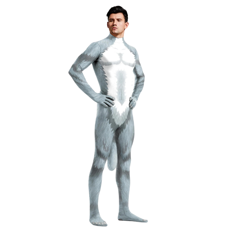 Front-facing model in a gray-and-white wolf-print full-body bodysuit with attached tail
