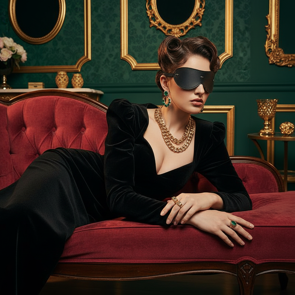 Model reclining on a red velvet sofa wearing a black leather eye mask