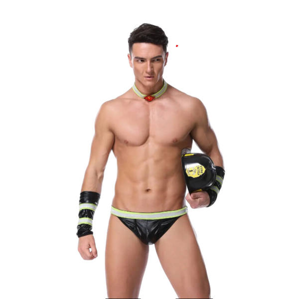 Front-facing shirtless model in a black firefighter-style thong holding a helmet
