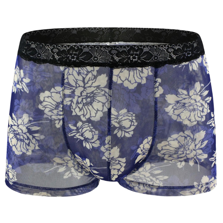 Close-up of blue floral lace boxer briefs with a black lace waistband