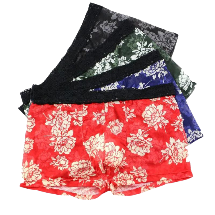 Floral lace boxer briefs in red, blue, green, gray, and black, layered in a fan shape