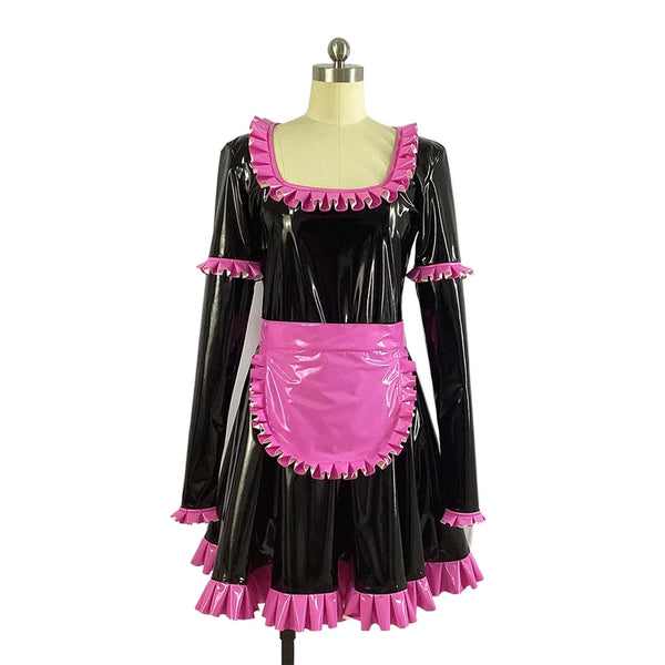 Front-view black glossy PVC apron dress on a mannequin with pink ruffled trim