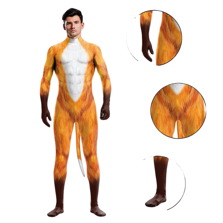 Front-view model wearing a furry orange fox bodysuit with dark gloves, feet, and tail