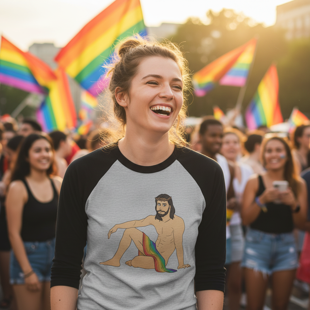 Smiling person in a gray-and-black raglan shirt with a shirtless bearded figure in a rainbow cloth