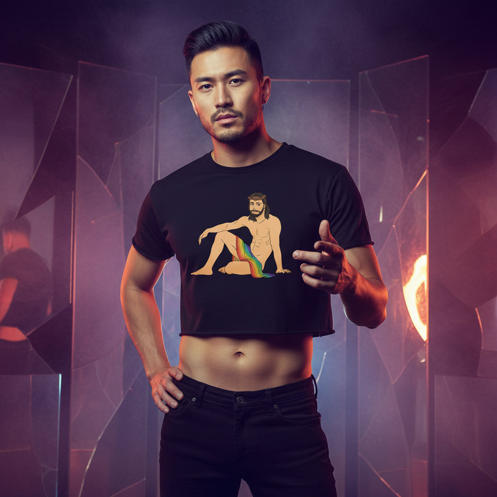 Sexy Gay Jesus Crop Top with illustrated nude, bearded person in green cloth; paired with dark pants