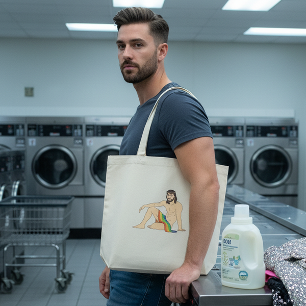 person modeling an off-white tote bag with a seated rainbow-draped Jesus illustration in a laundromat