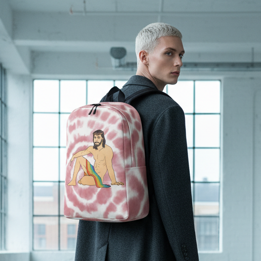 Sexy Gay Jesus Minimalist Backpack: pink tie-dye, featuring a bearded person with rainbow cloth