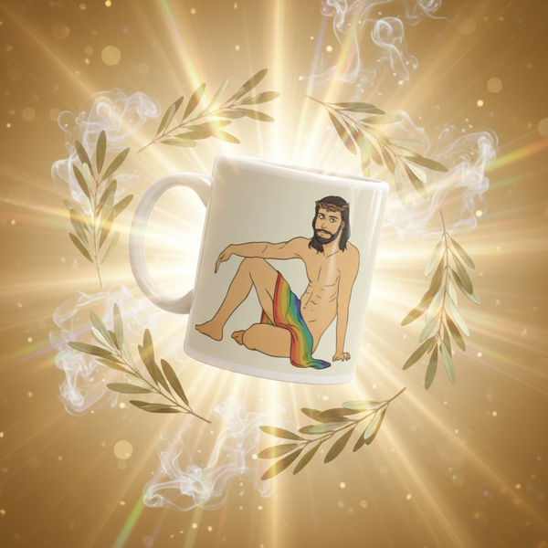 White mug showing a bearded nude person seated with a rainbow cloth, in a glowing olive-branch scene