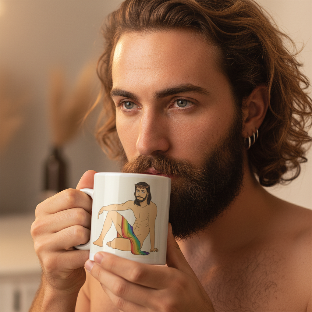 Bearded person holds a white mug showing a seated bearded figure draped in a rainbow cloth