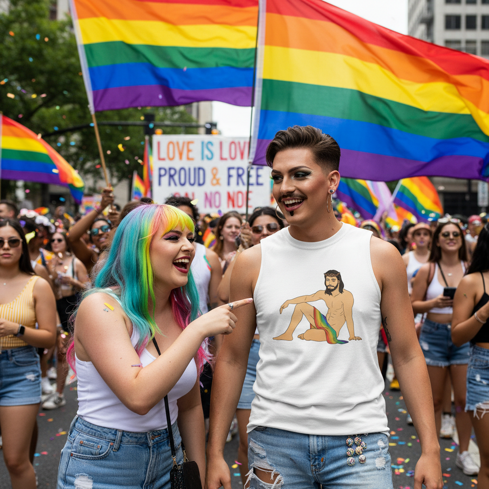Sexy Gay Jesus muscle top at Pride parade. One queer with rainbow hair