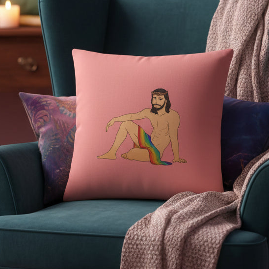 Pink premium pillow featuring a bearded, long-haired nude person draped in rainbow cloth
