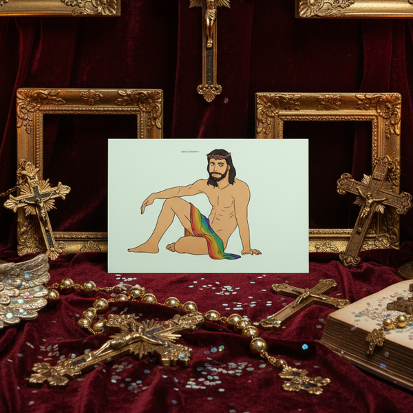 Postcard with a semi-nude, bearded figure in rainbow cloth, gold frame, crosses, beads, coins, and book on rich red velvet