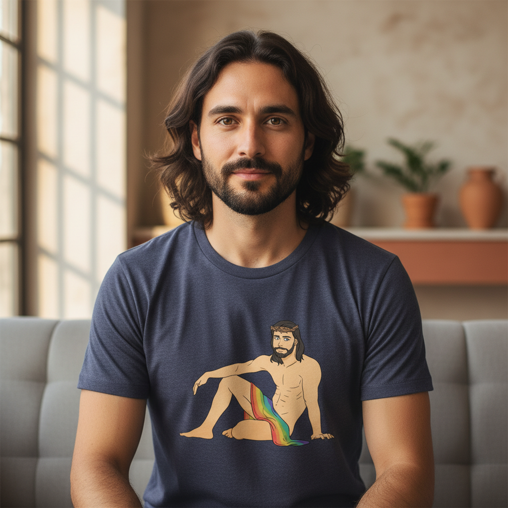 Sexy Gay Jesus T-shirt with a queer illustrated figure and rainbow motif